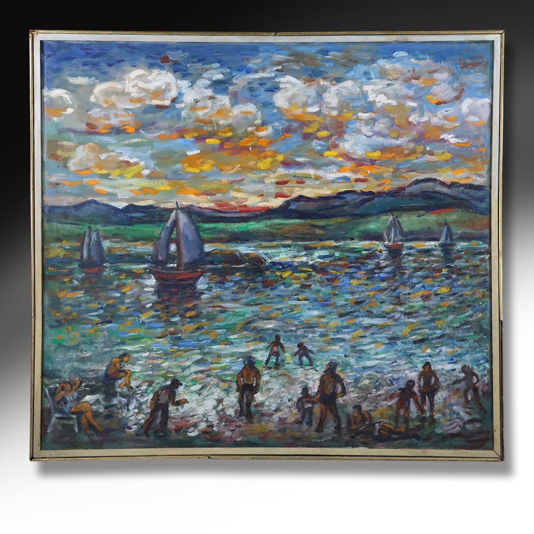 Manner of Emil Nolde, Large Oil on Canvas Painting Modernism Impressionist Seascape, Figures, Boats (1 of 14)