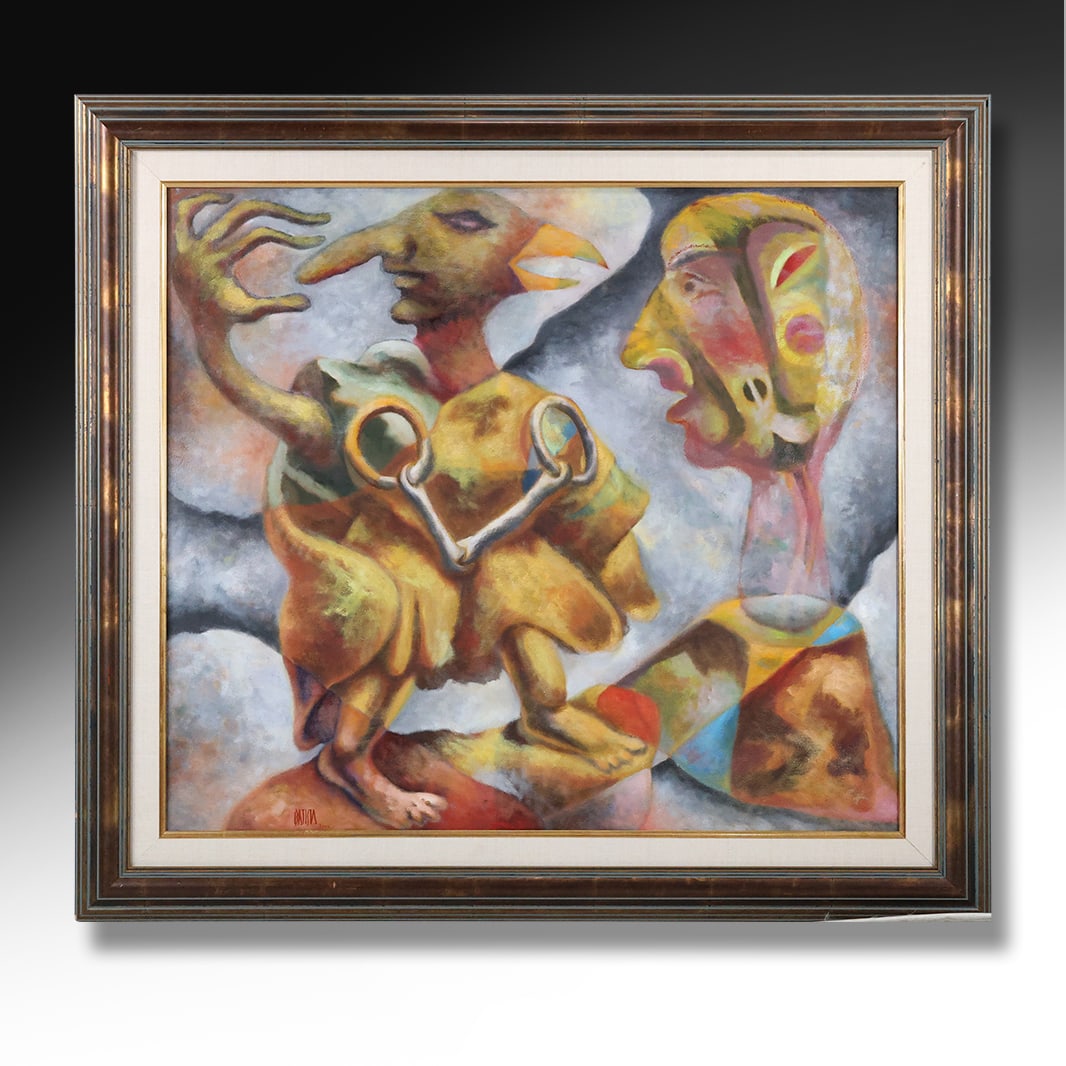 Signed Batista, Quality 20th C. Oil on Canvas Painting, Abstract Surrealist Figures, Framed: Signed Batista, Quality 20th C. Oil on Canvas Painting, Abstract Surrealist Figures, Framed. size: 31 x 35.5 , outside of frame: 40 x 44