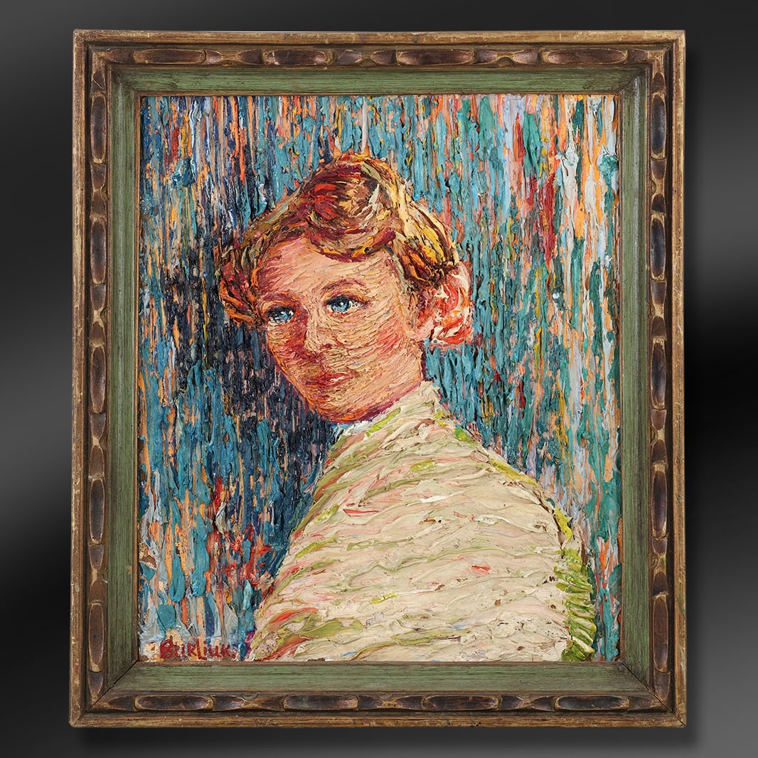 David Burliuk, (1882 - 1967) Russian / Ukraine, Oil on Board Portrait of Young Woman, Signed: David Burliuk, (1882 - 1967) Russian / Ukraine, Oil on Board Portrait of Young Woman, Signed. size: 15.5 X 18.75 , Outside of frame: 22.5 x 19.5 ; ASKart: David Davidovich Burliuk (1882 - 1967) was ac