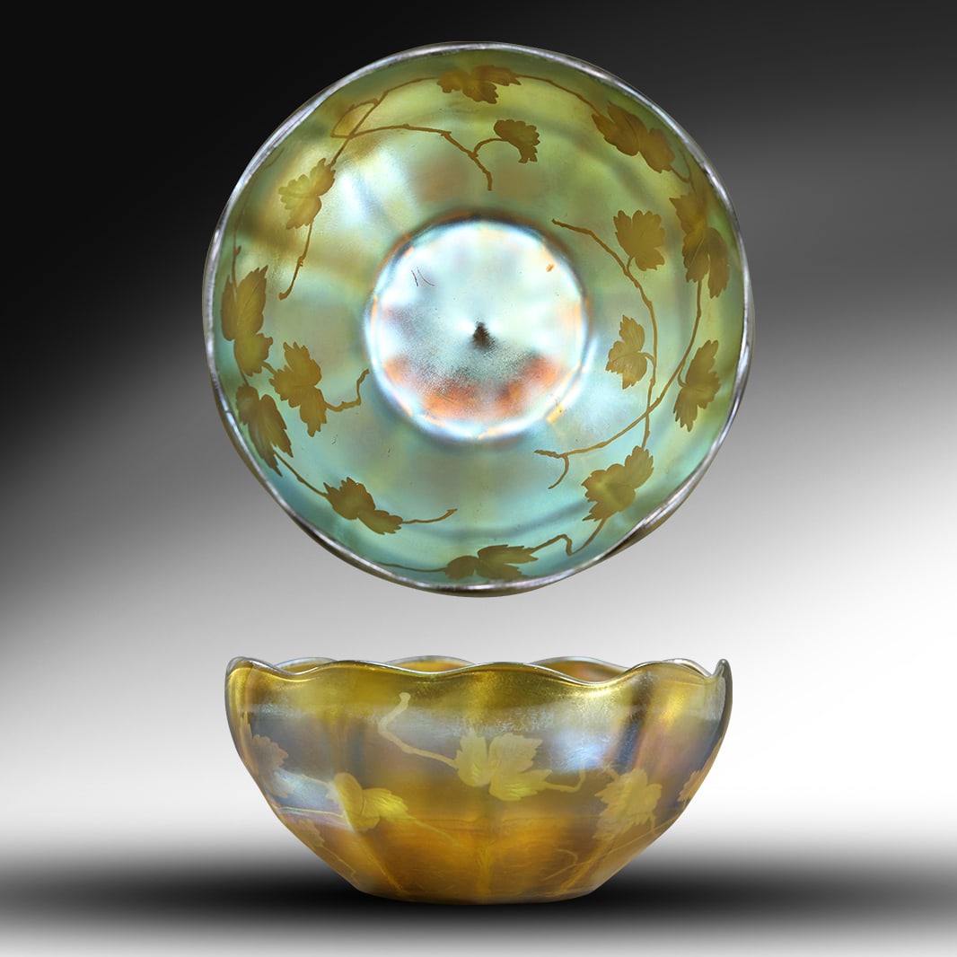 LC Tiffany Favrile Bowl with Engraved Leaves, circa 1910, Signed #1285 and Original Label, 7 in. dia (1 of 20)