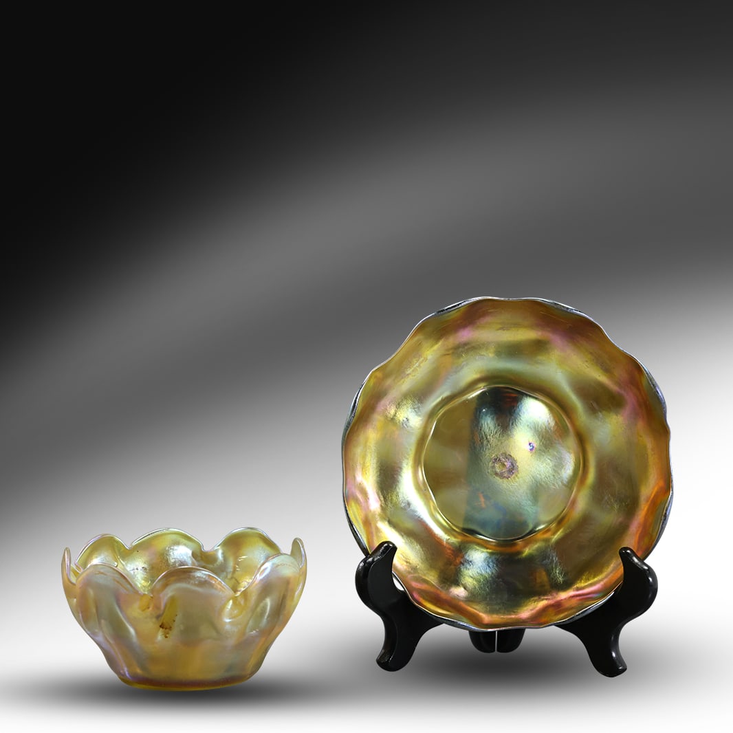 [2] Signed "L.C.T." LOUIS COMFORT TIFFANY Gold Iridescent Art Glass Bowls 8 in. dia. & 4.75 in. d. (1 of 20)