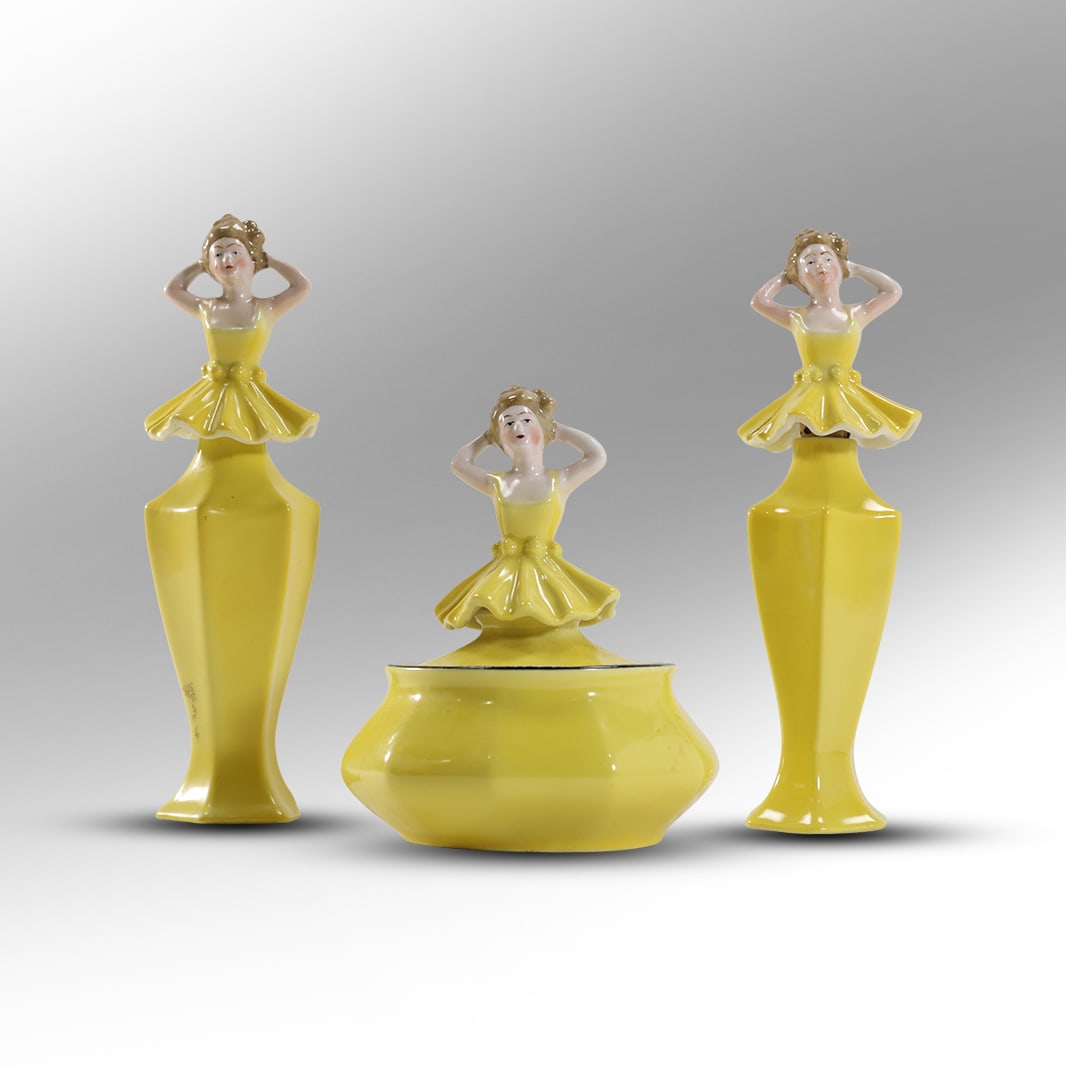 3-Pc Art Deco Bavaria Porcelain Dresser Figural Perfumes and Figural Box - Yellow, Vintage (1 of 13)