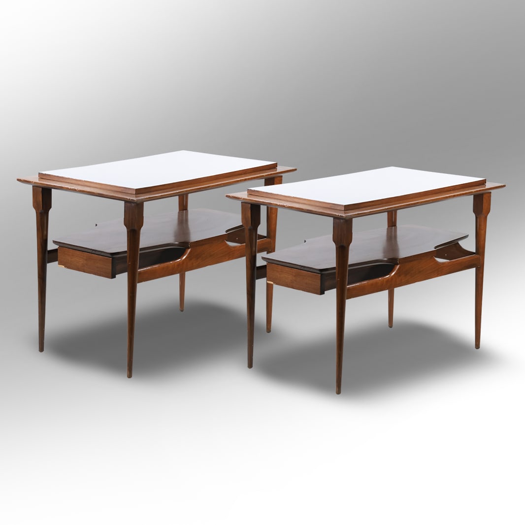 Pair Stylish Mid-Century Modern Walnut One Drawer End Stands with White Formica Top (1 of 14)