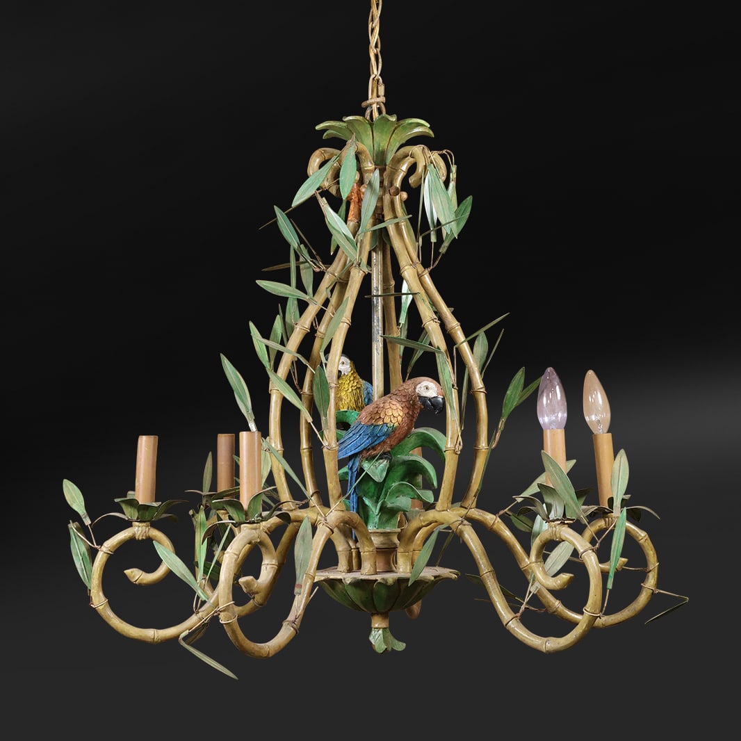 Hollywood Regency Tole Metal Tropical Hand Painted Parrot Figures Chandelier: Hollywood Regency Tole Metal Tropical Hand Painted Parrot Figures Chandelier. size: 56 in. h 26 in. w (bottom finial has chip)