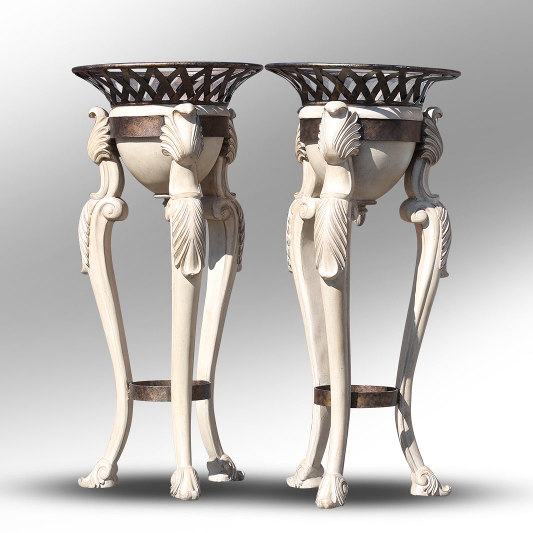 Pair Large Pedestal Hand Carved Wood Fern Stands with Metal Accent and Metal Top Wide Rim (1 of 19)