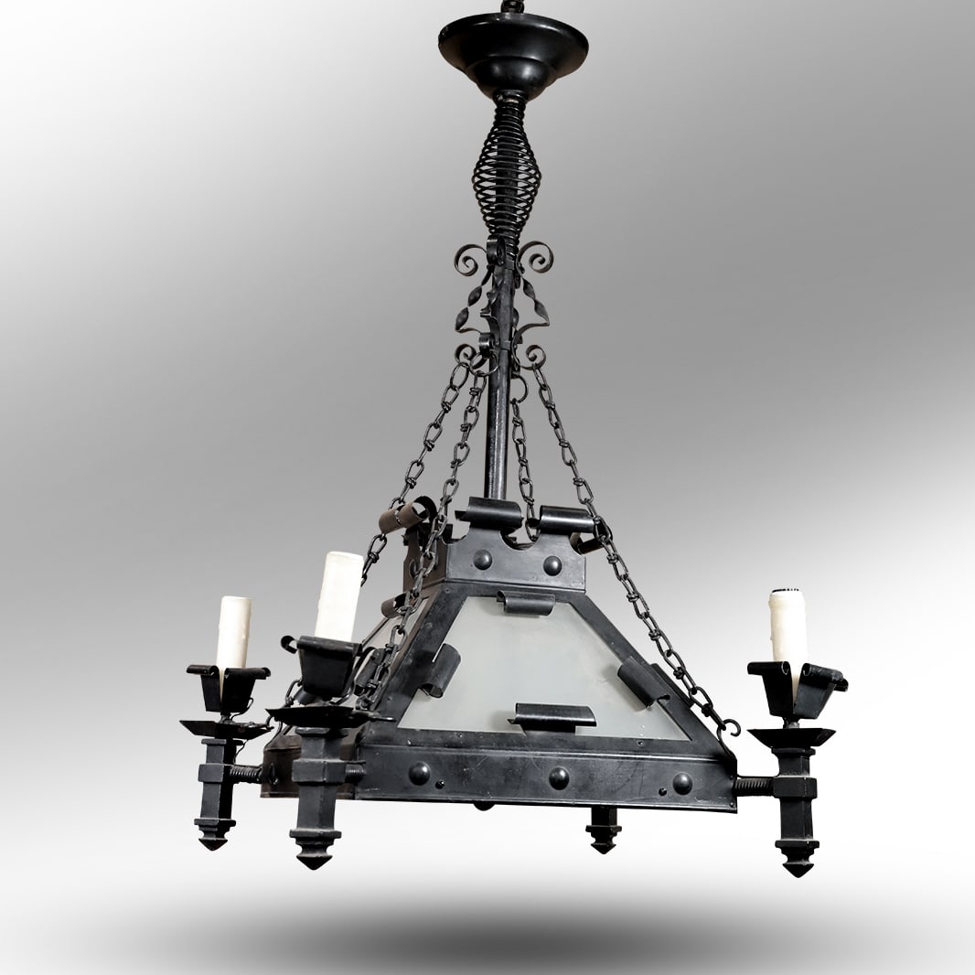 Arts and Crafts Metal Framed and Glass Panels Hanging Chandelier with 4-Lights, 24 in. dia. (1 of 16)