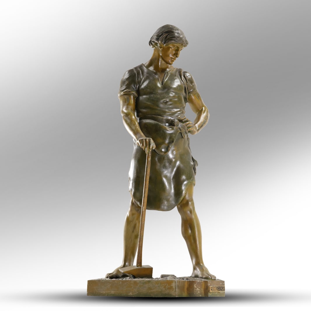 after Émile Louis Picault, Antique Cast Metal Spelter Man Statue of an Ironworker "Le Forgeron" (1 of 19)