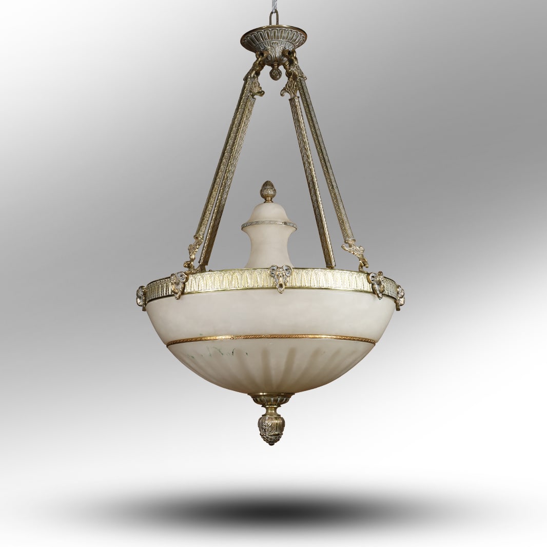 attributed to Sergio Merlin, Canadian,  Alabaster Hanging Dome Chandelier in Cast Metal Mounts (1 of 17)