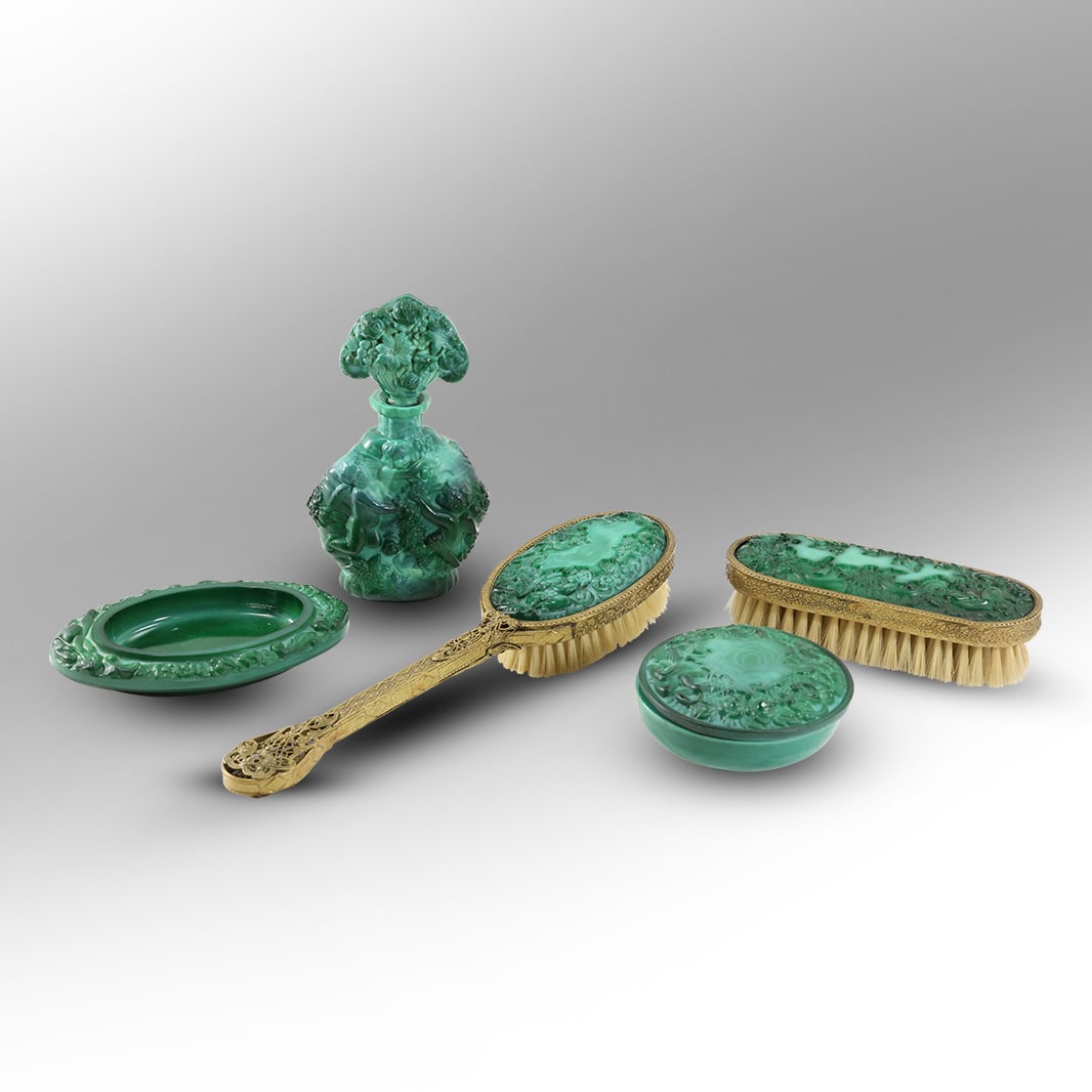 5-Piece Malachite Dresser Set: Perfume Bottle, Oval Dish, 2 Brushes and Covered Box (1 of 20)