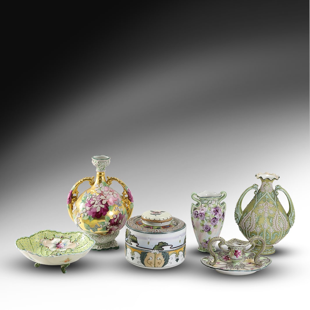 6 Assorted Vintage MORIAGE Porcelain: 3 Vases, Footed Bowl, Chamber Candlestick, Tobacco Jar (1 of 20)