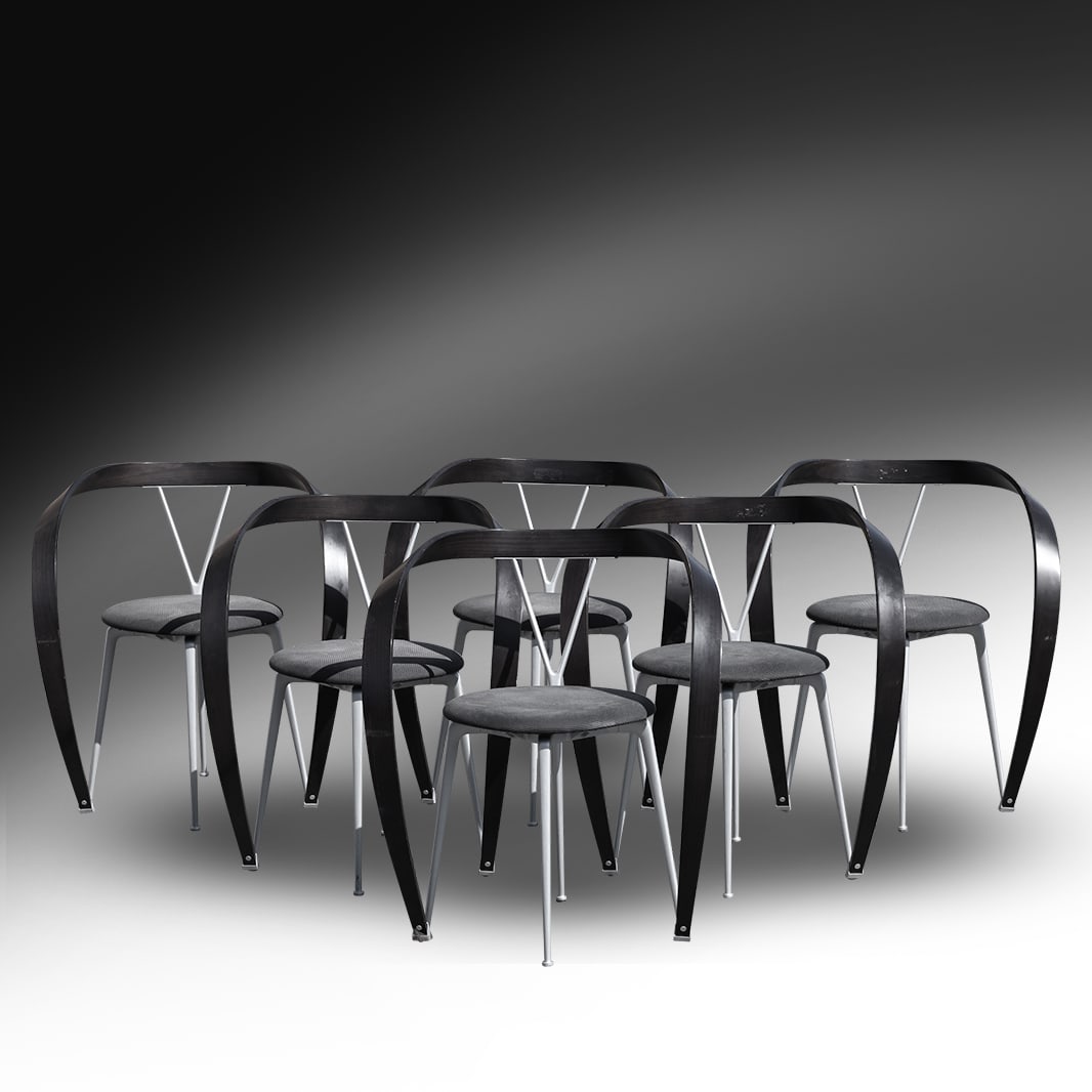 Set of 6 Cassina Andrea Branzi Revers Chairs Italian Design Metal Base, Black Ribbon Arms: Set of 6 Cassina Andrea Branzi Revers Chairs Italian Design Metal Base, Black Ribbon Arms. size: 30h 25w x 18 d ; Andrea Branzi was an Italian architect, designer, and academic. He was born and raised