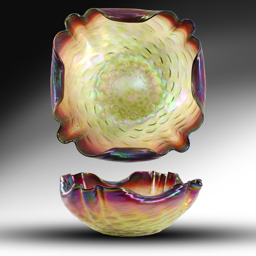 Antique Loetz Art Glass Bowl with Striking Rainbow Colors Pinched and Fold Over Rim 10 in. dia.: Antique Loetz Art Glass Bowl with Striking Rainbow Colors Pinched and Fold Over Rim 10 in. dia. size: 3.5 h 10 w