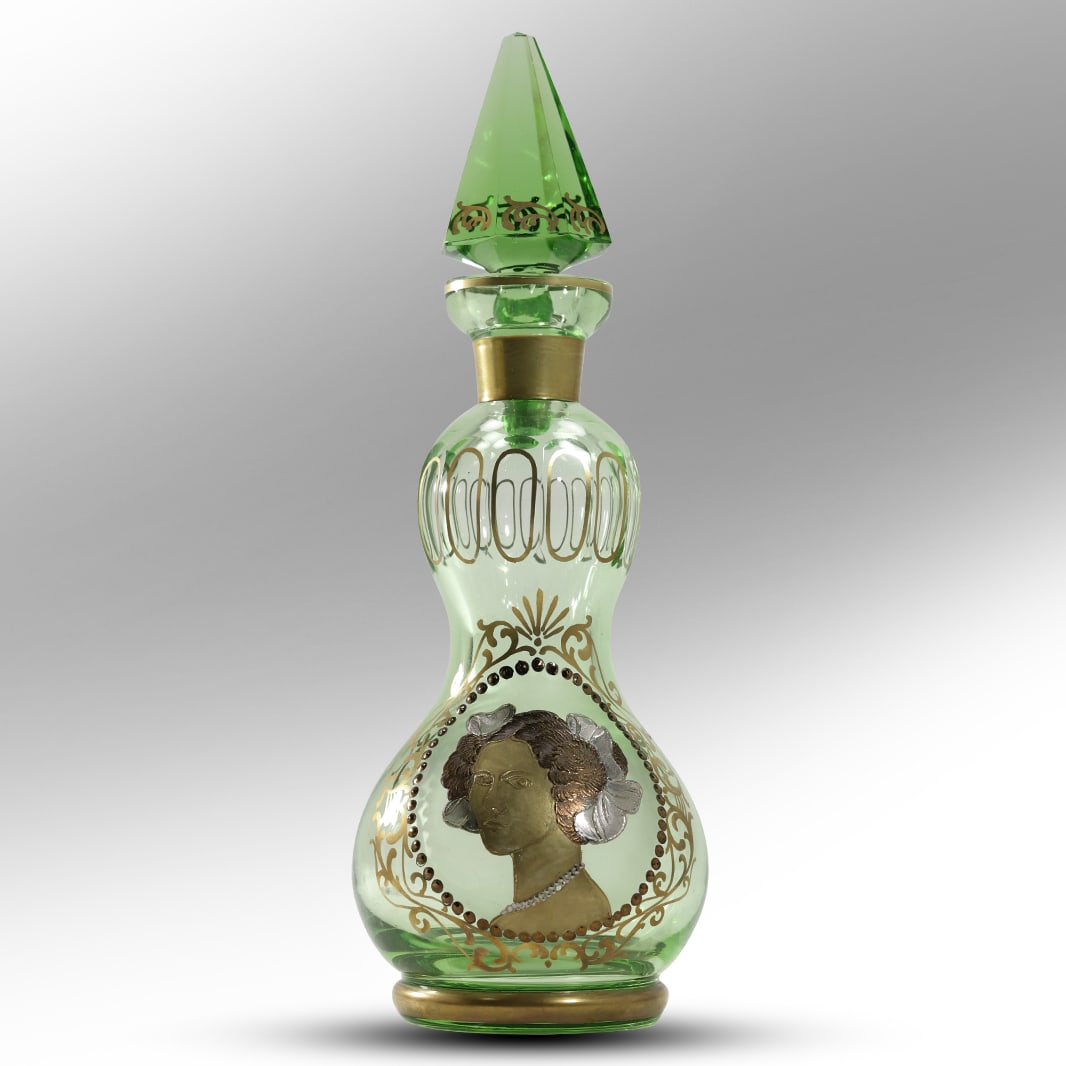 Exquisite French Green Glass with Enameled Portrait of a Woman Cologne Bottle Decanter (1 of 17)