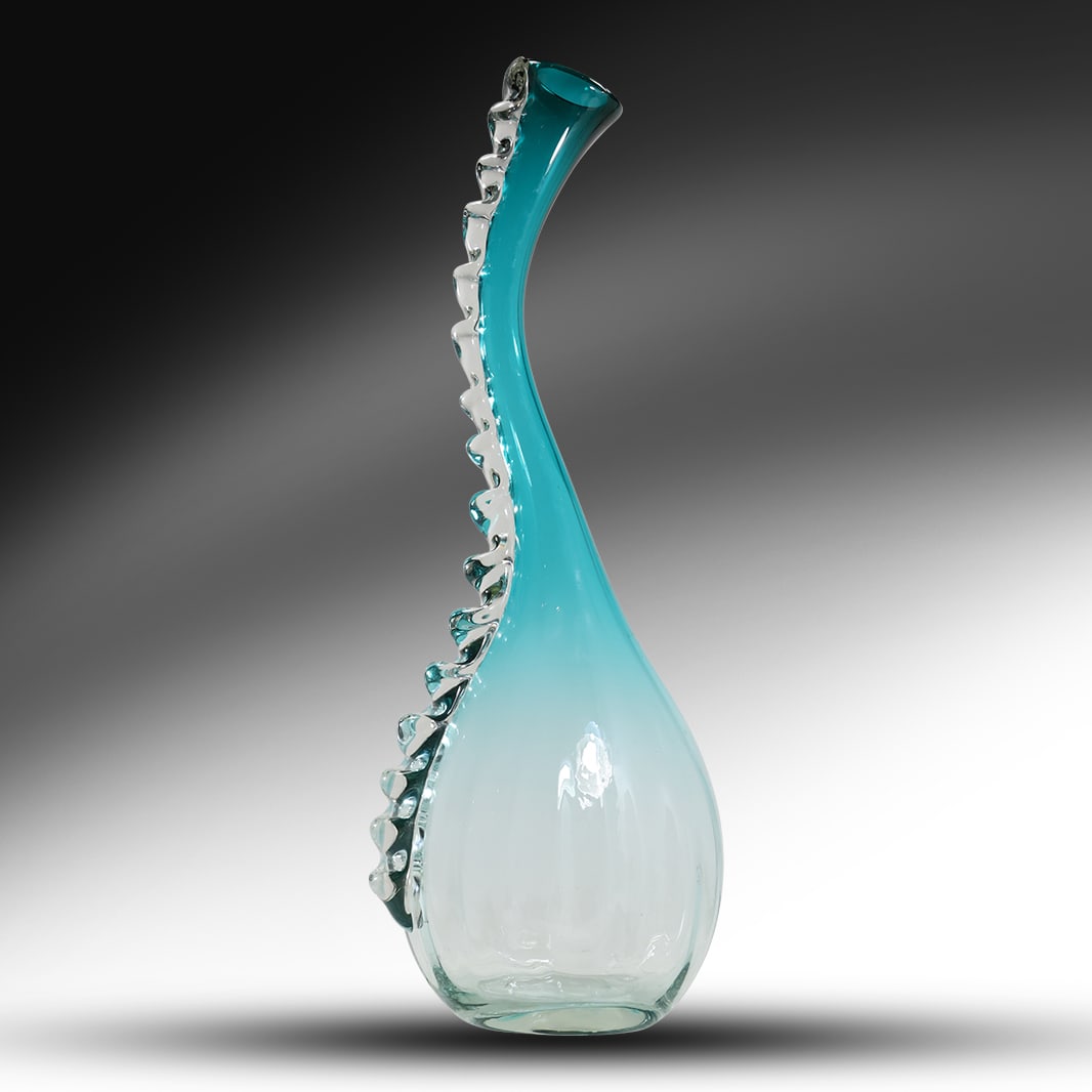 attributed to BLENKO, Large Size Teal Blue and Clear Crystal Glass Sculptured Vase 22 in. height (1 of 14)