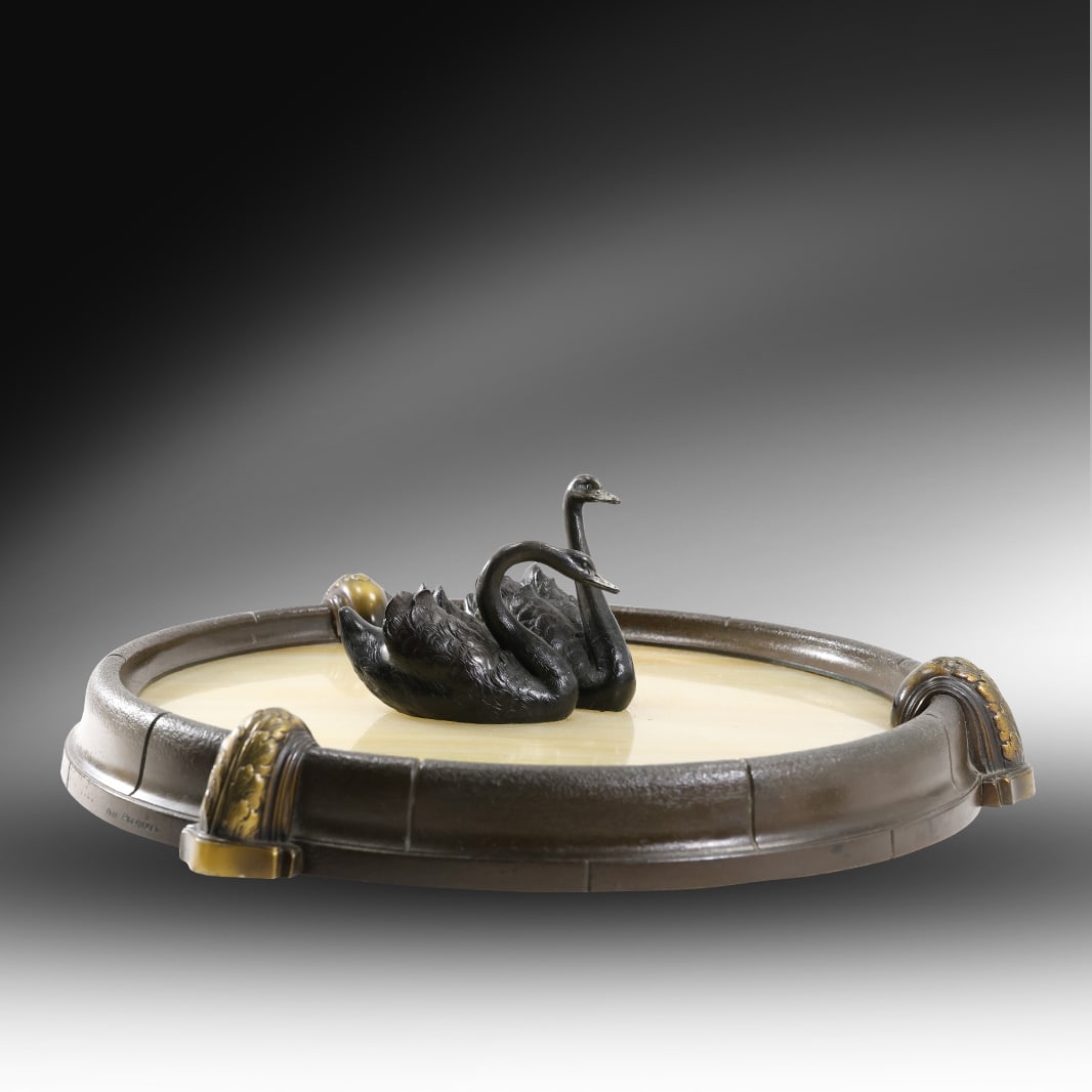 Otto Poertzel (1876 - 1963 Germany] Signed Bronze Swans on the Lake circa 1915; 15 in. dia. (1 of 14)