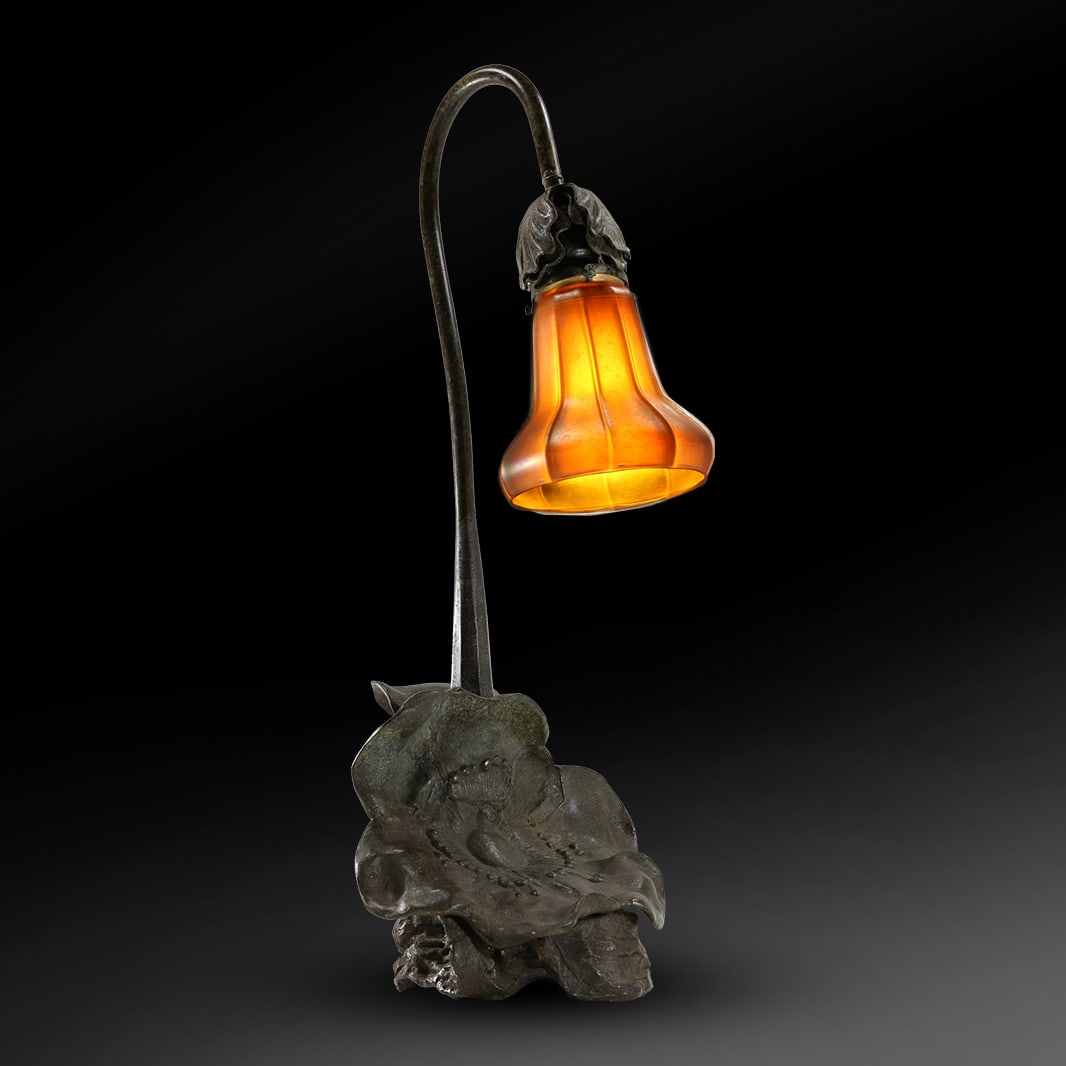 Signed Duffner and Kimberly Bronze Water Lily Lamp with Signed Quezel Art Glass Shade 23 in. height (1 of 19)
