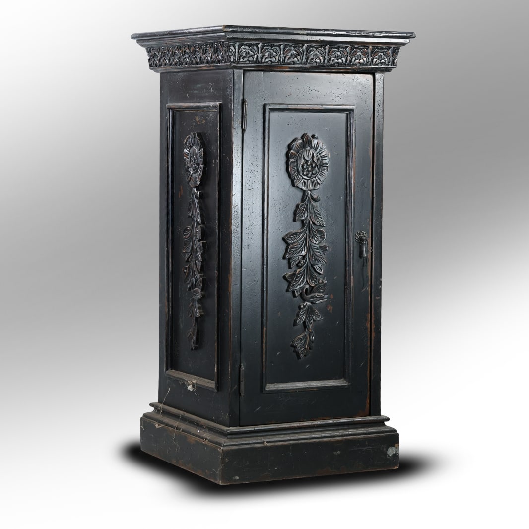 Carved Wood Ebonized Finished Pedestal Cabinet made by Paradigm, 37.5 in. height x 18.5 in.: Carved Wood Ebonized Finished Pedestal Cabinet made by Paradigm, 37.5 in. height x 18.5 in. size: 37.5 x 18.5