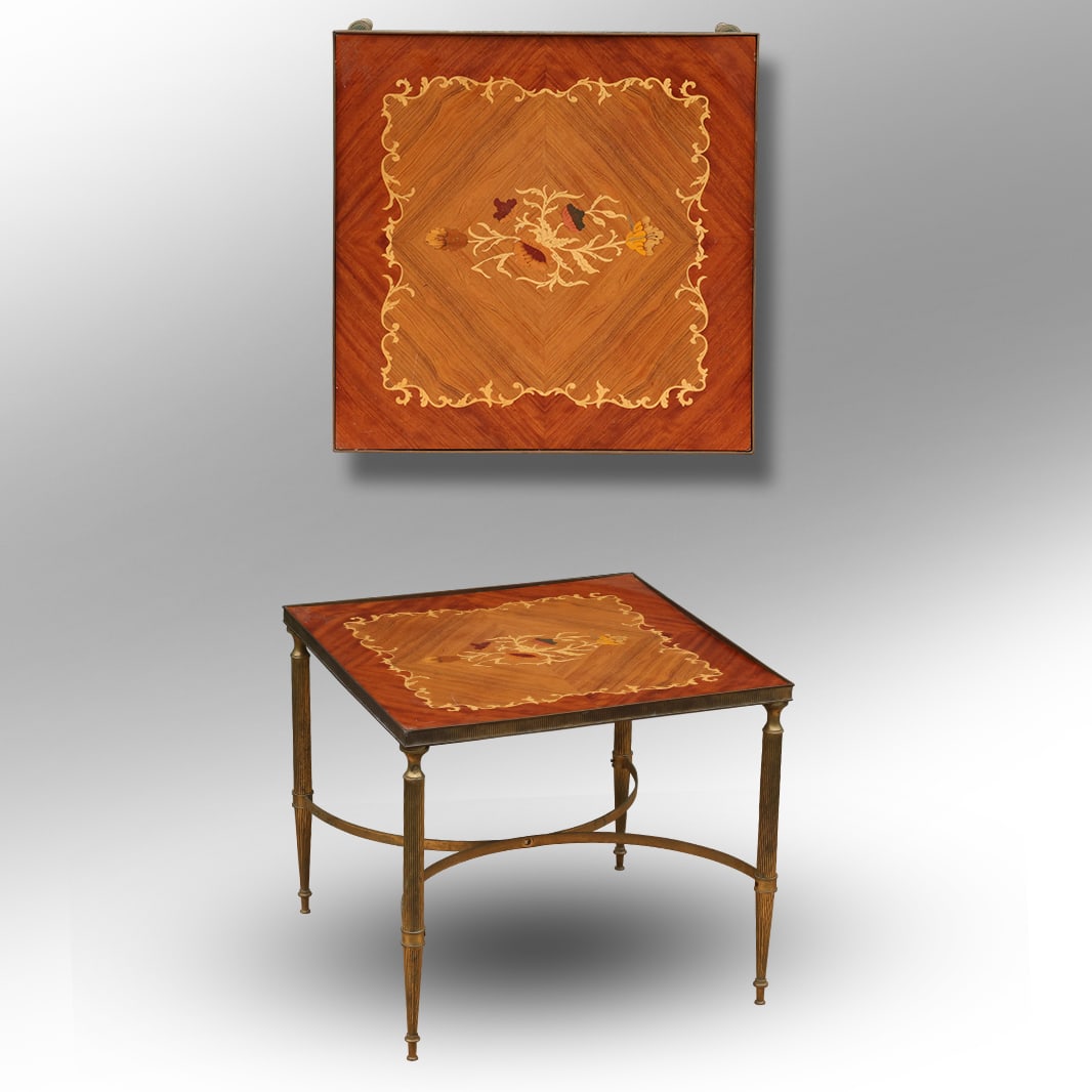 Satinwood Inlay Wood Top French Occasional Stand with Brass Frame and Legs 20 in. dia. top (1 of 11)