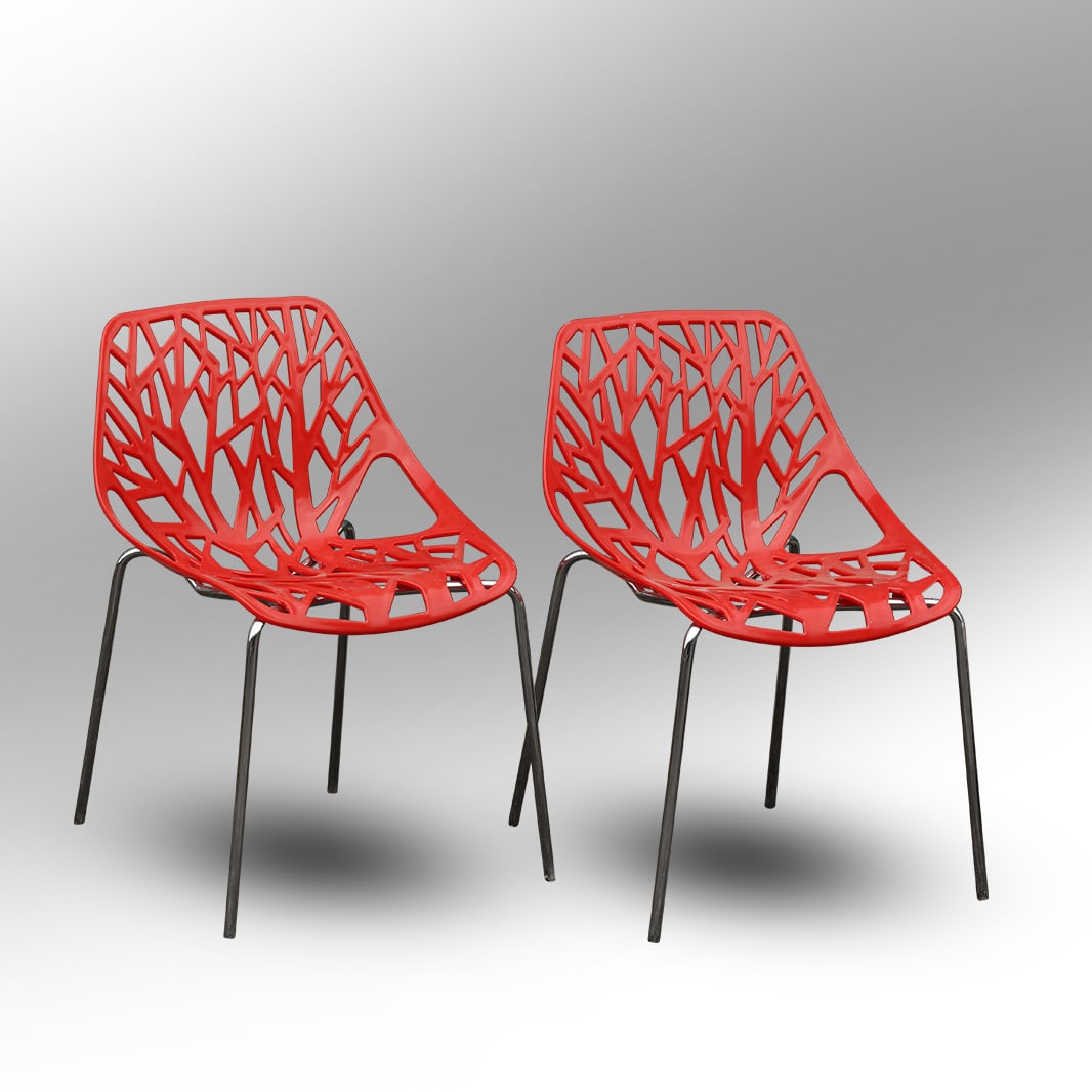 Pair Red Molded Plastic on Chrome Metal Frame "Tree of Life" Chairs Modern Design (1 of 8)