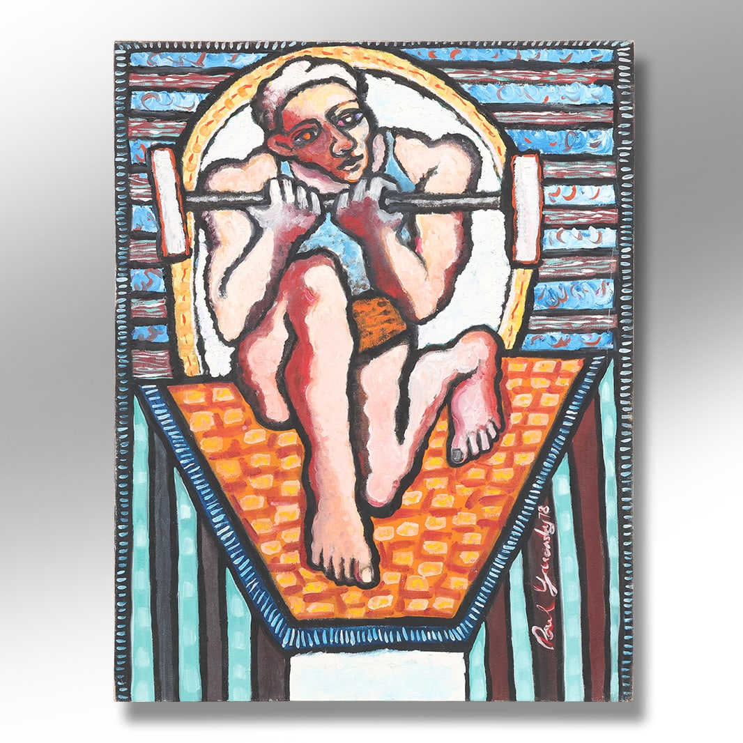 PAUL YARENSKY 1978, Large Modernism Oil on Canvas Painting Weight Lifting Excercise (1 of 10)