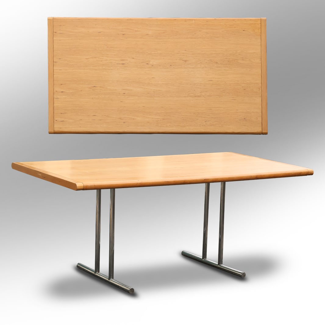 Dining Table Mid Century Modern Milo Baughman Inspired Maple Wood Chrome Base, 2 Leaves (1 of 16)