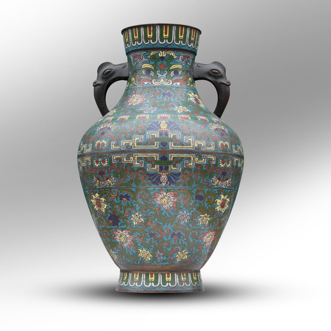 Qing Dynasty Antique Chinese Large Cloisonne Urn Intricate Pattern, Serpent Handles 24 in. height (1 of 16)