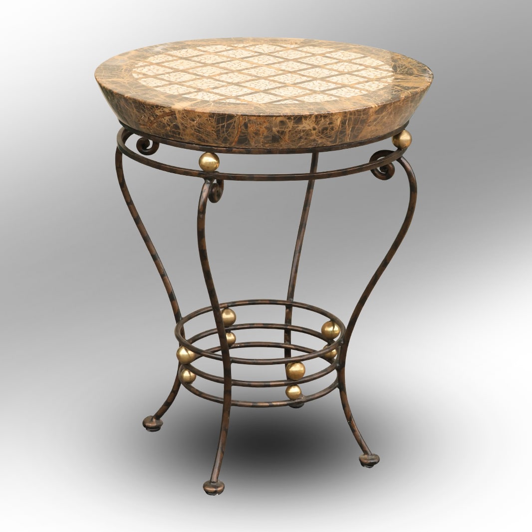 Stylish Mosaic Stone Top Occasional Round Stand with Iron Base Having Brass Ball Accents: Stylish Mosaic Stone Top Occasional Round Stand with Iron Base Having Brass Ball Accents. size: 25 n. x 20.5 in.