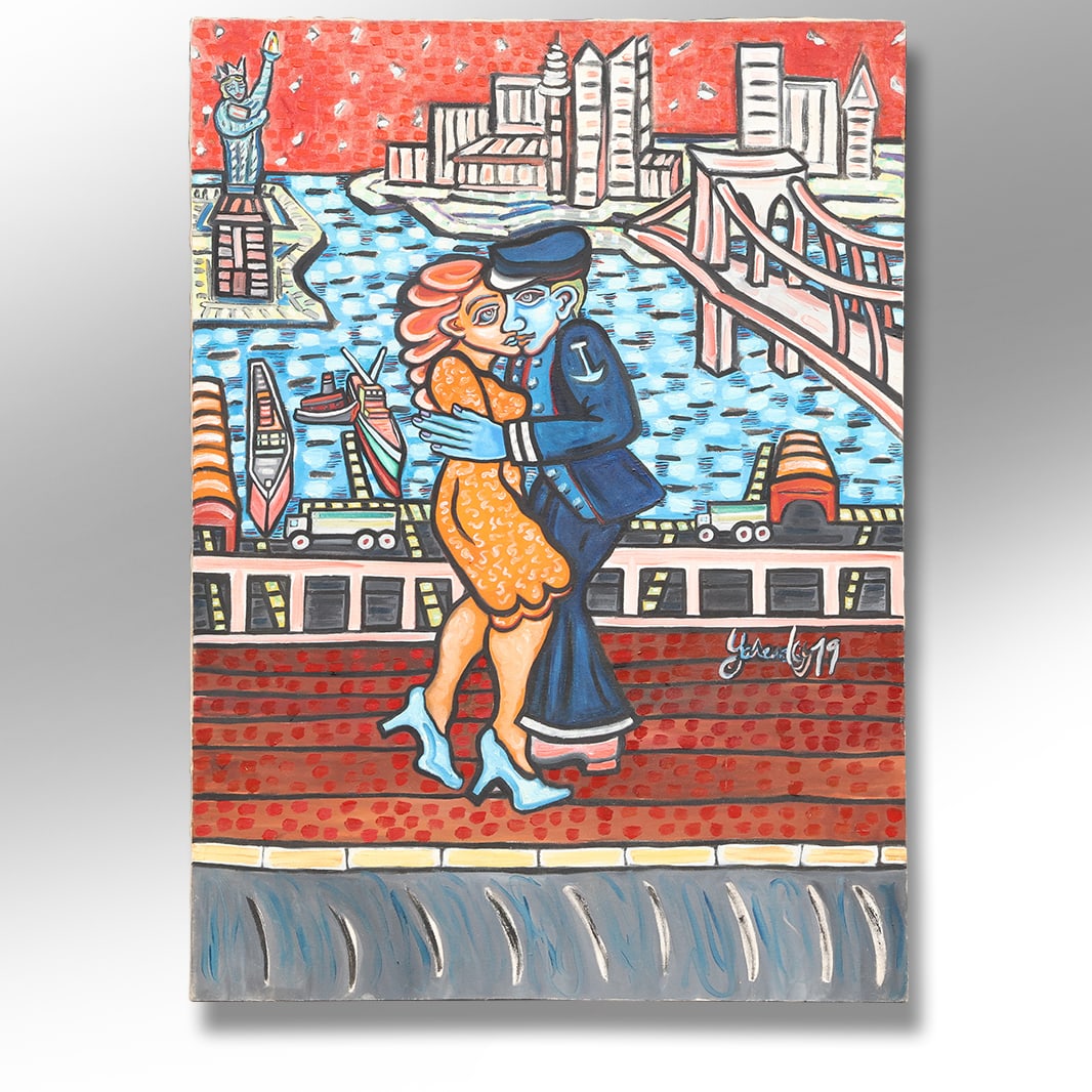 PAUL YARENSKY 1979, Large Modernism Oil on Canvas Painting Figures NEW YORK HARBOR: PAUL YARENSKY 1979, Large Modernism Oil on Canvas Painting Figures NEW YORK HARBOR. size: 50 in. x 36 in.