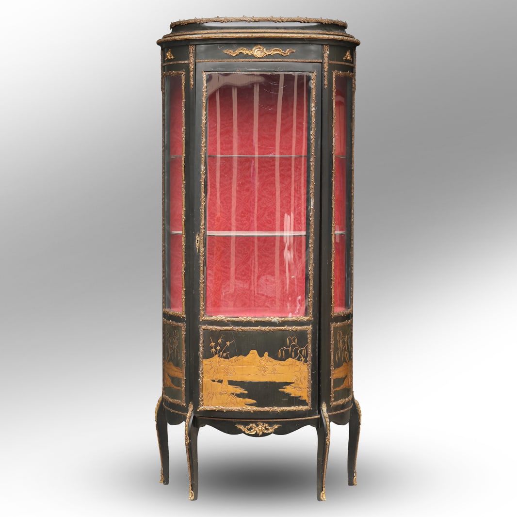 French Style Vitrine Cabinet Bow Front Glass, Ebonized CHINOISERIE, applied Bronze Mounts (1 of 19)