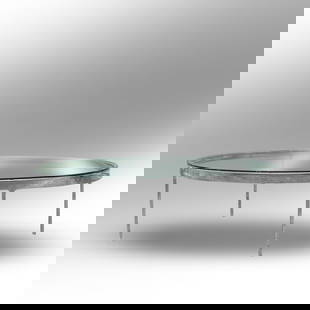 Nicos Zographos designer Bauhaus Glass Top Round Chrome Metal Base Coffee Center Table 42 in. dia.: Nicos Zographos designer Mid-Century Modern Bauhaus Glass Top Round Chrome Metal Base Coffee Center Table 42 in. dia. size: 14 x 42 ; NicosZographosNicos Zographos is an architect, furniture designer,