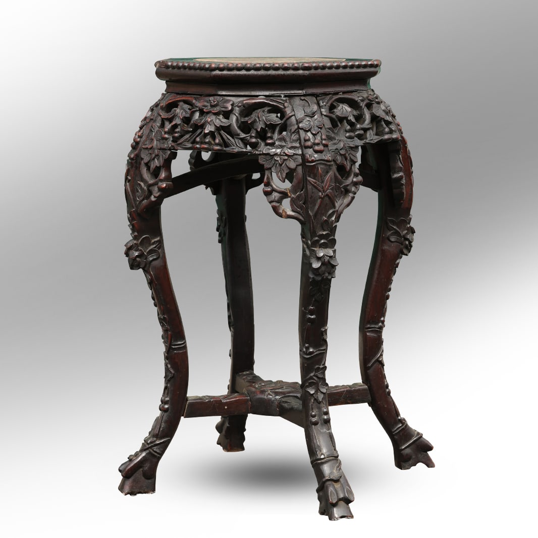 Quality 19th C. Antique Chinese Carved Teak Wood Octagon Top Taboret with Inset Rose Marble (1 of 16)