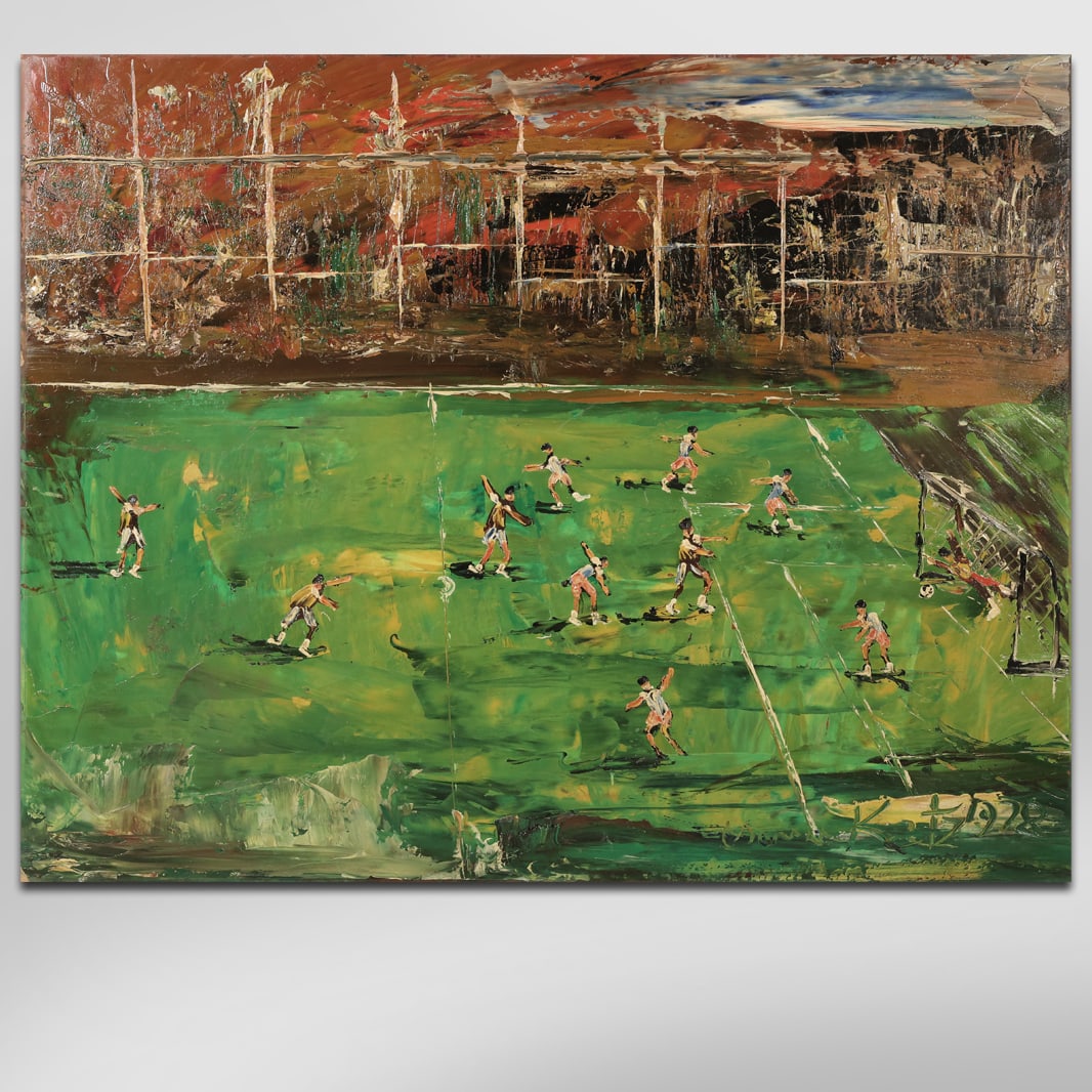 Morris Katz 1978, Jewish American, Acrylic Painting "Soccer Game" Rare Subject for the Artist: Morris Katz 1978, Jewish American, Acrylic Painting "Soccer Game" Rare Subject for the Artist. Well Listed Arist. Large size: 24 inches x 30 inches. size: 24 x 30 ; ASKart: Morris Katz (1932 - 2010) w