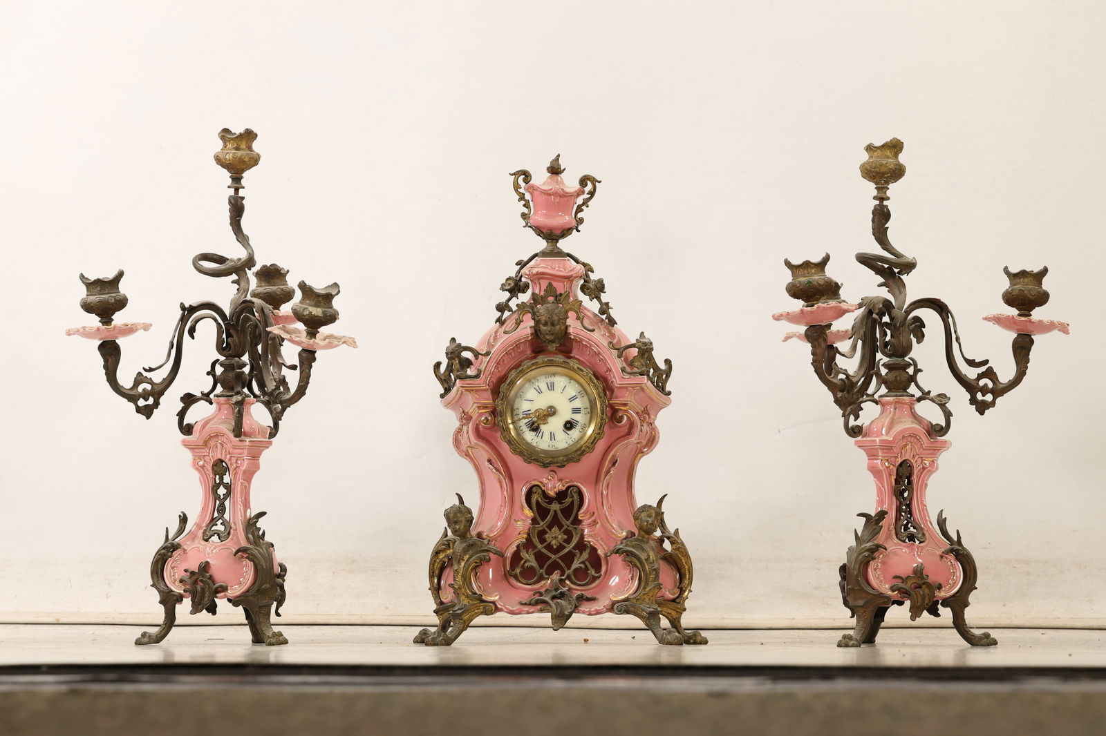 3-Piece French Porcelain Mantle Clock Set with Candleabra Garnitures, Gustave Becker Movement (1 of 20)