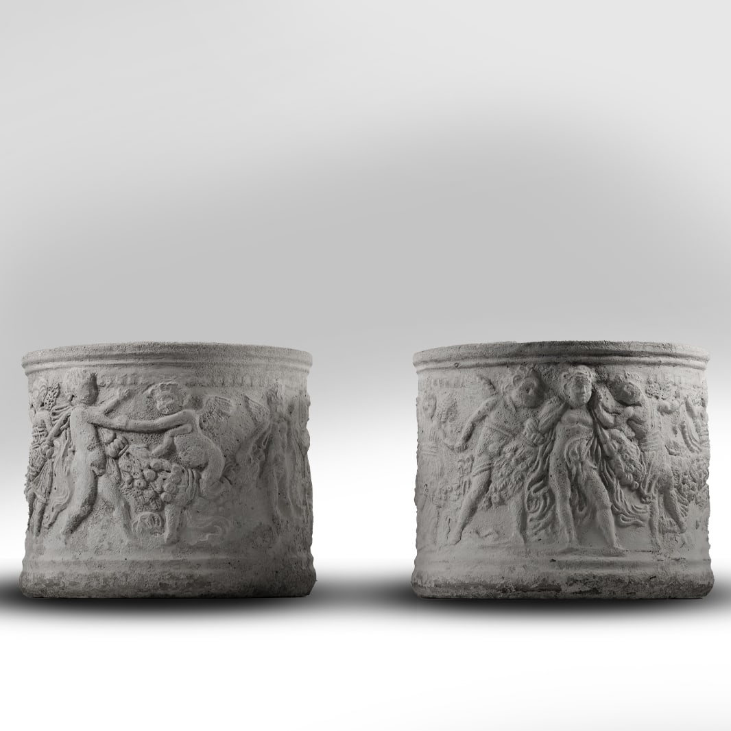 Pair Conrete Stone Planters with All Over Roman / Grecian Figures Design 12.5 in. height x 15 in. d. (1 of 16)