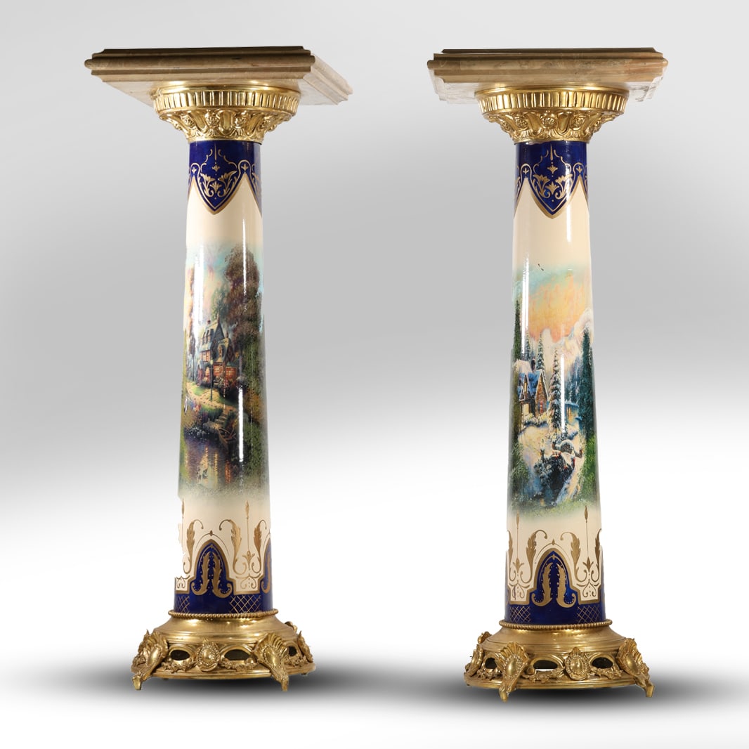 2 Spectacular Tall Porcelain Pedestals with Bronze Mounts, Cobalt and Gold Enamel, Scenic Panel: 2 Spectacular Tall Porcelain Pedestals with Bronze Mounts, Cobalt and Gold Enamel, Scenic Panel. size: 45 inches height x 16.5 inches wide