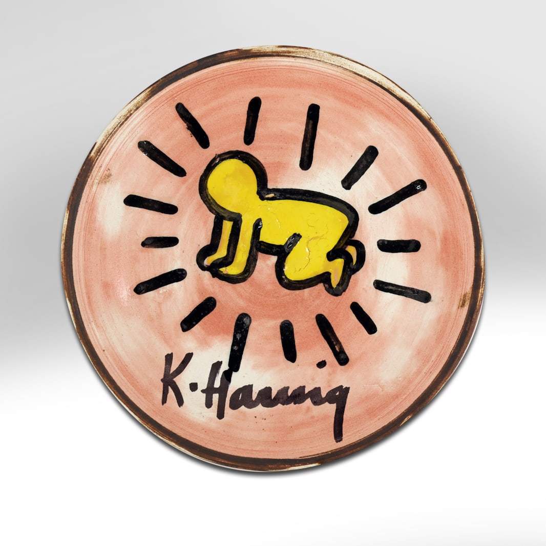 Keith Haring 1981, Pottery Plate with Croutched Figure, Glazed, Signed and Dated, 7.75 in. dia. (1 of 8)