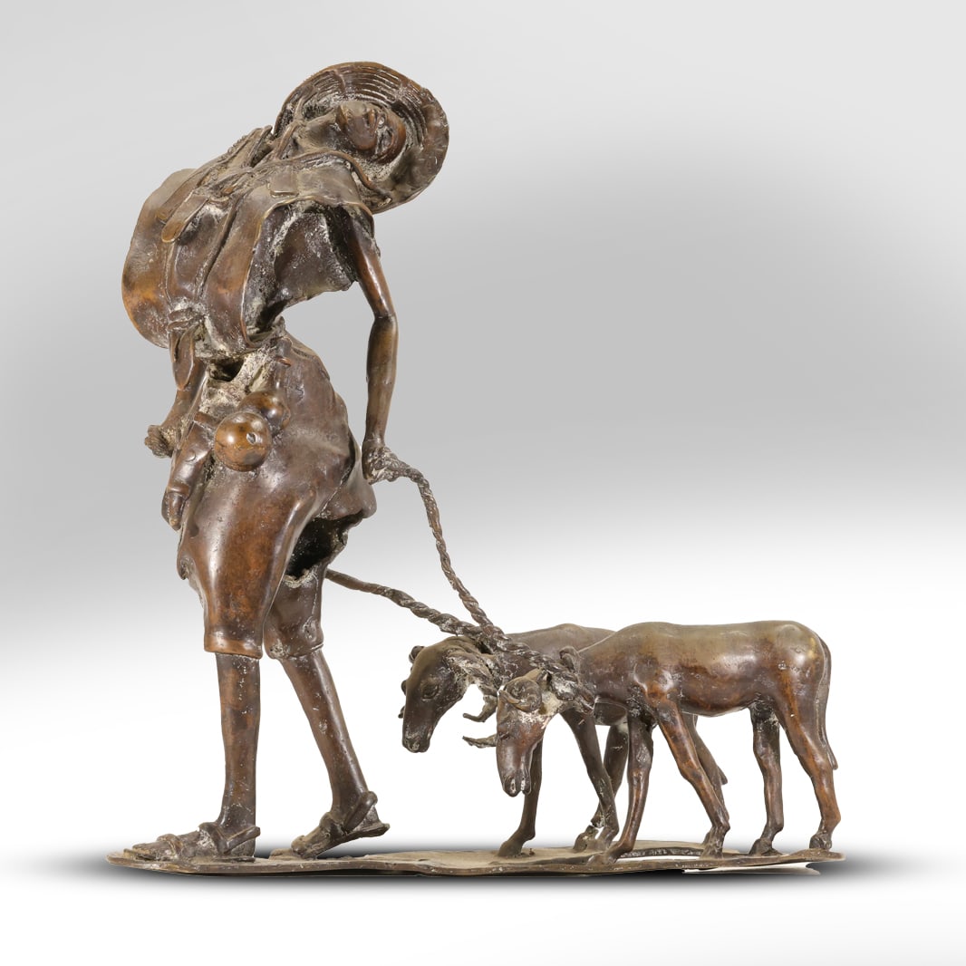 Quality Unsigned Latin American Bronze Sculpture Woman Pulling Two Mountain Goats 16 in. height (1 of 20)
