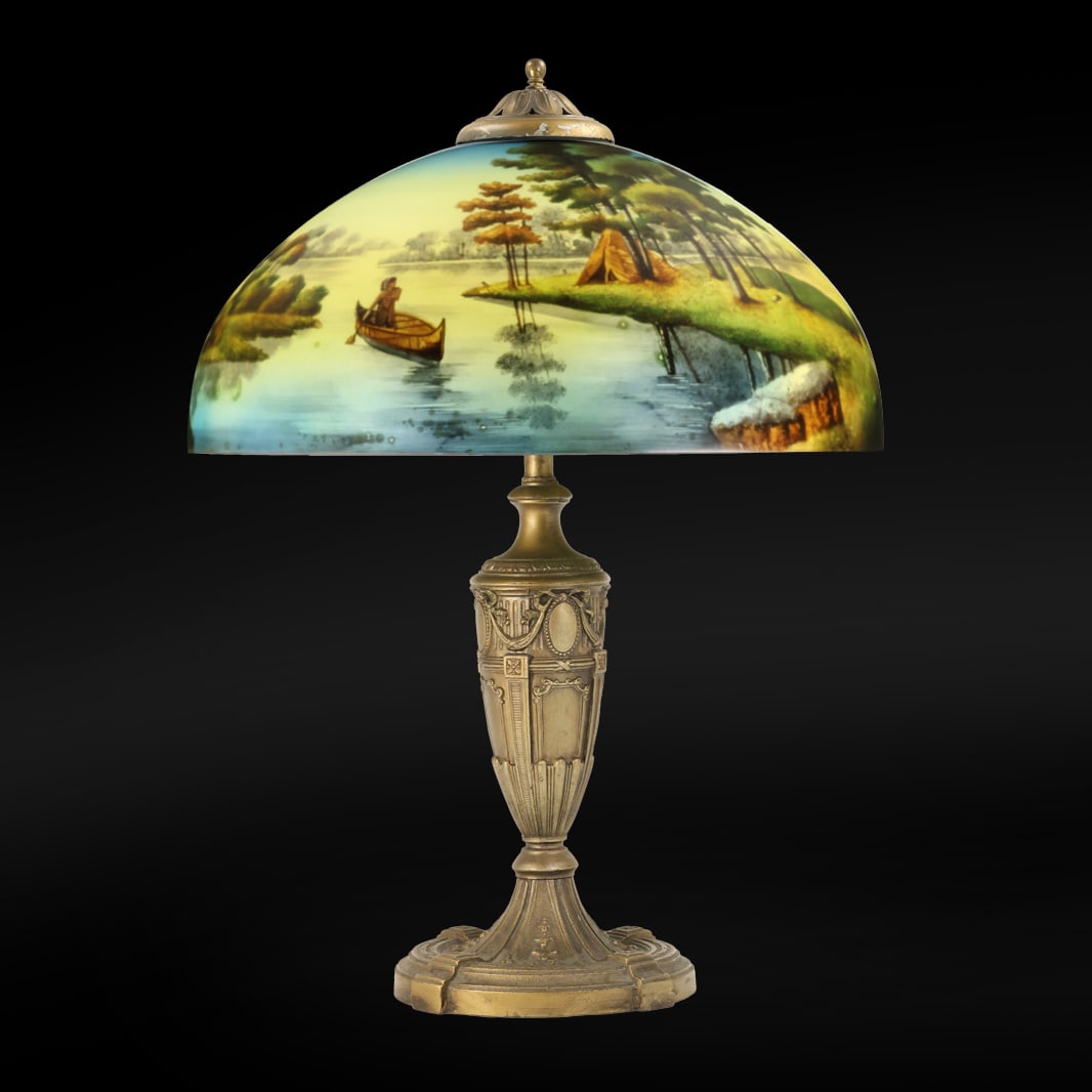 Antique Pittsburgh Reverse Painted Glass Shade Table Lamp Native American Indian Encampment (1 of 20)