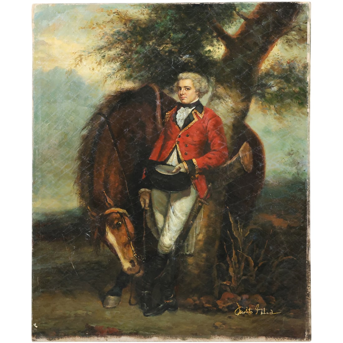 after Joshua Reynolds, .Captain George K. H. Coussmaker (1782) oil on canvas portrait painting: after Joshua Reynolds, .Captain George K. H. Coussmaker (1782) oil on canvas portrait painting. 20th C. Painting, Artist signed illegible. size: 31 x 25 ; Sir Joshua Reynolds was born at Plympton Earl
