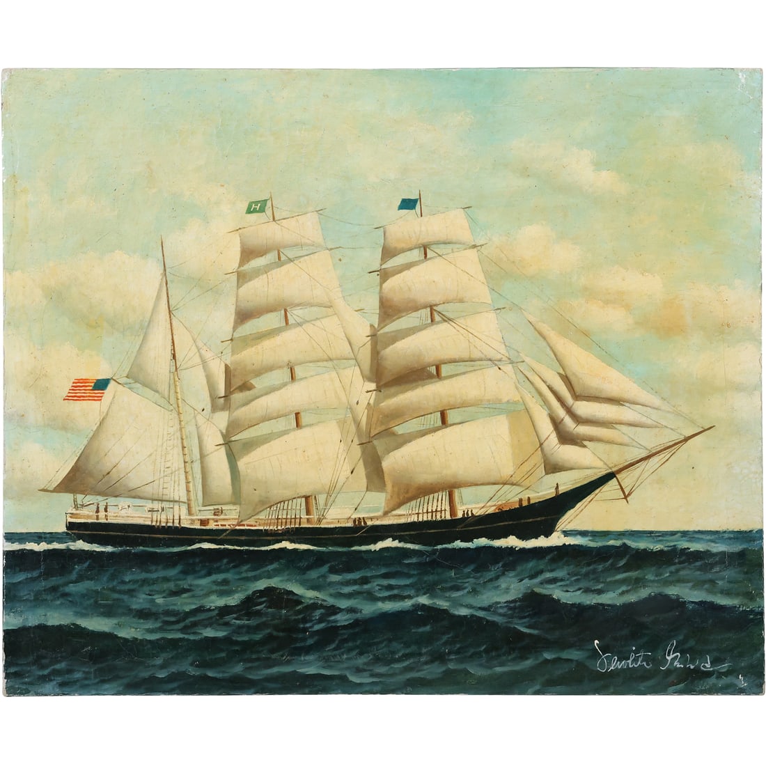 20th C. Oil on Canvas Painting Full Sail Clipper Ship with American Flag, Artist signed illegible: A striking vintage oil painting of a majestic sailing ship navigating open waters, signed in the lower right corner. The ship, adorned with billowing sails and an American flag, is meticulously detail