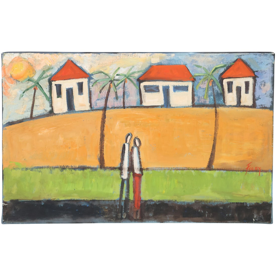 Signed Foley, 20th C. Oil on Canvas Painting Modernism Minimalist Landscape, Homes, Figures: Signed Foley, 20th C. Oil on Canvas Painting Modernism Minimalist Landscape, Homes, Figures. size: 13 x 20.5
