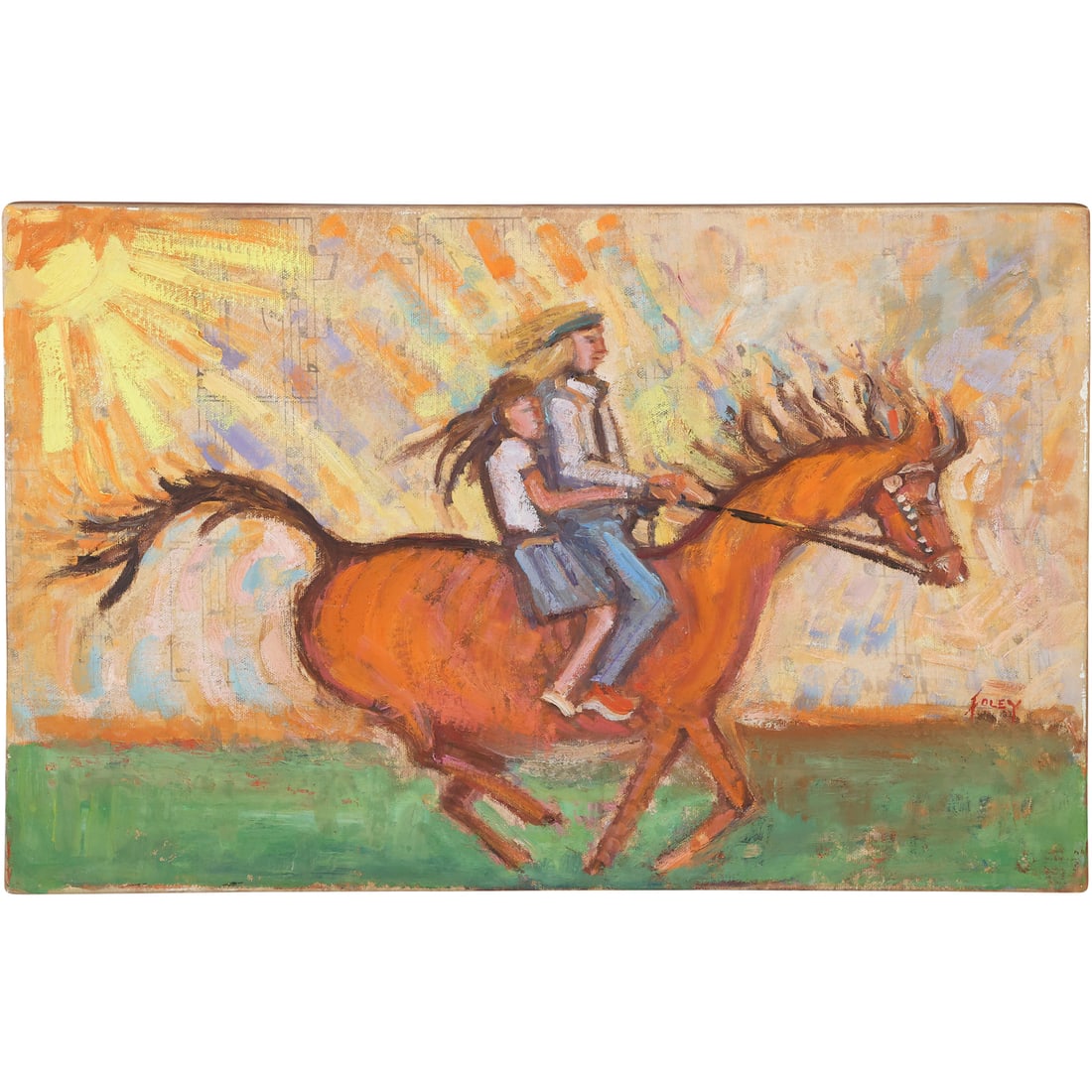 Signed Foley, 20th C. Oil on Canvas Painting Modernism Minimalist Horseback Riding, Equestrian: Signed Foley, 20th C. Oil on Canvas Painting Modernism Minimalist Horseback Riding, Equestrian. size: 13 x 20.5