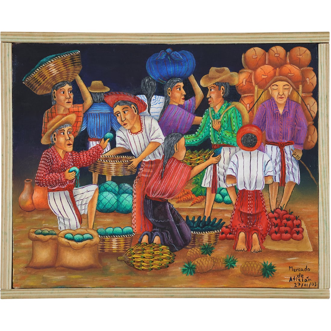 Jose Reanda [b. 1968 Guatamalan] "Mercado de Atitlan" Beautiful Outdoor Market Oil Painting: Jose Reanda [b. 1968 Guatamalan] "Mercado de Atitlan" Beautiful Outdoor Market Oil on Canvas Painting. Titled and Dated in front and signed on reverse. p> size: 8.75 x 11 , outside of frame: 9.5 x 12
