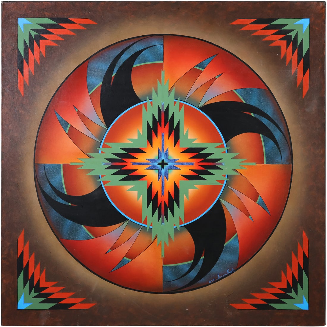 Signed Dennis Murphy 2011, Fabulous Native American Indian Oil on Canvas Colorful Starburst: Signed Dennis Murphy 2011, Fabulous Native American Indian Oil on Canvas Colorful Geometric Starburst. size: 30 in. x 30 in.