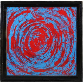 Thomas Pulgini, American, Pop-Art Abstract Oil on Board Painting Blue & Red Rotating Swirl