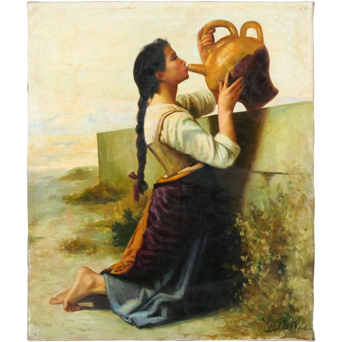 after William Bouguereau., "Woman at The Well", 20th C. Oil on Canvas Painting 24 in. x 20 in. (1 of 13)
