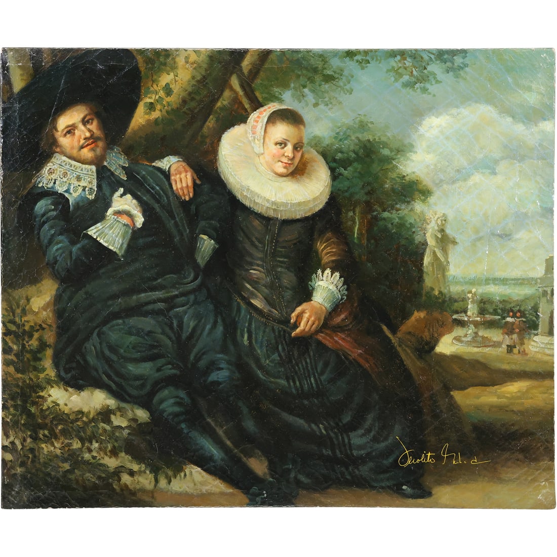 Marriage Portrait of Isaac Massa and Beatrix van der Laen after Frans Hals, 20th C. Oil Painting: Marriage Portrait of Isaac Massa and Beatrix van der Laen after Frans Hals, 20th C. Oil on Canvas Painting. Artist Signed Illegible. size: 20 x 24 ; Frans Hals was born in Antwerp, Belgium between 158