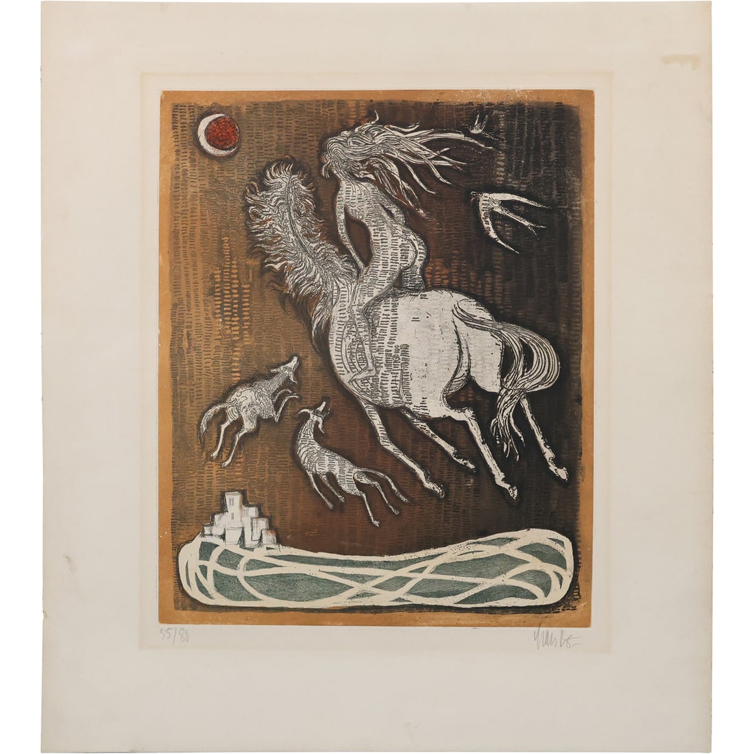Signed Vintage Lithograph, Nude Woman on Horse Being Chased by Wild Dogs #55/80: Signed Vintage Lithograph, Nude Woman on Horse Being Chased by Wild Dogs #55/80. size: 16 x 13 , 23 x 20