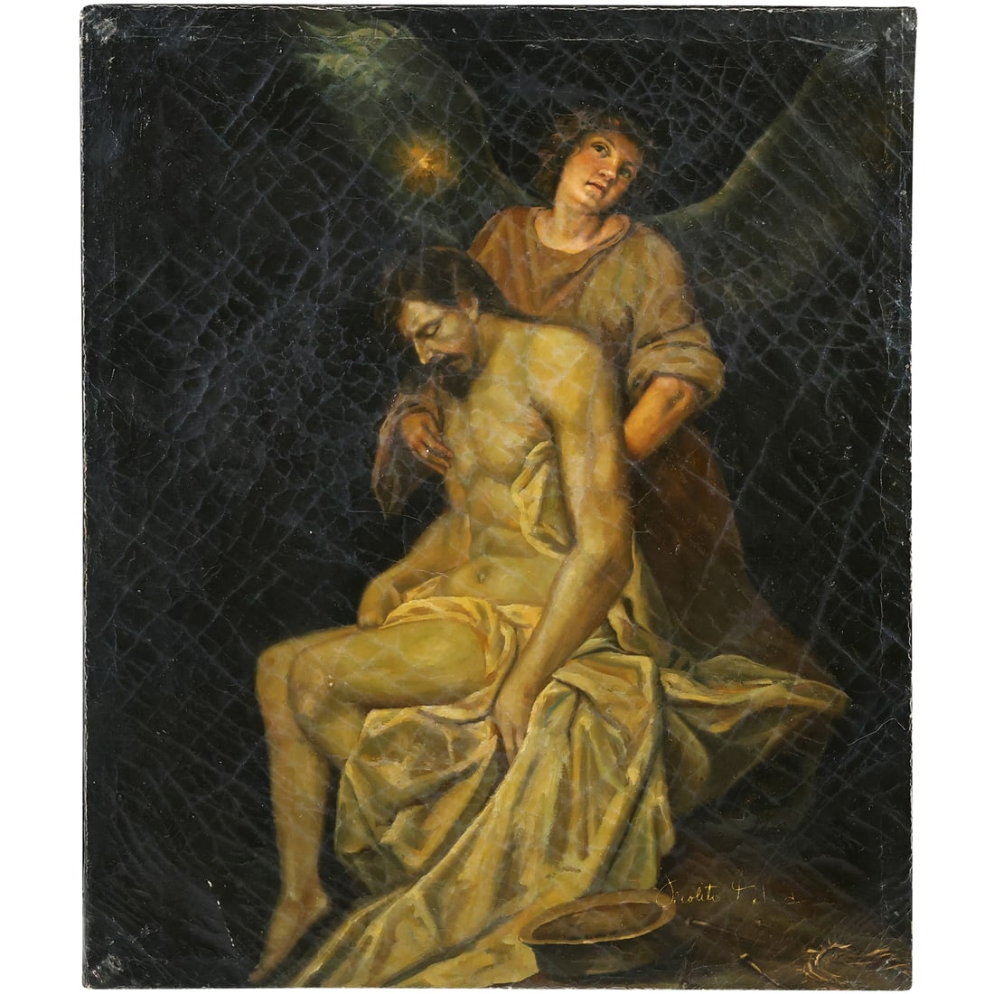 after Alonso Cano (1601 - 1667 Spain) "Dead Christ Supported by an Angel" 20th C. Oil Painting: after Alonso Cano (1601 - 1667 Spain) "Dead Christ Supported by an Angel" 20th C. Oil Painting on Canvas, Artist Signed Illegible. size: 24 x 20 ; ASKart: Alonso Cano (1601 - 1667 Spain); The author o