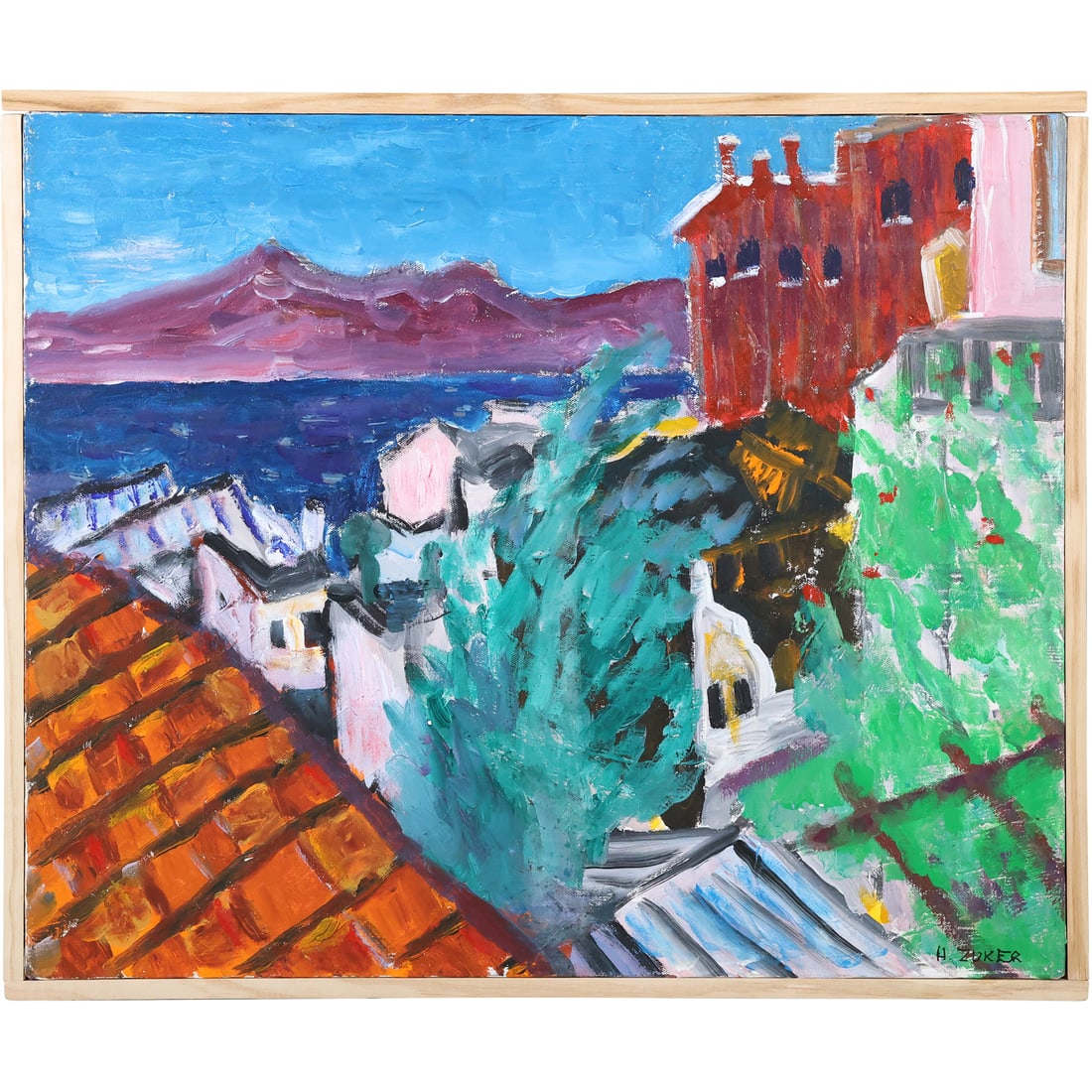 Herman Zuker [b. 1959] Polish American, "Village on Alpine Lake" Acrylic on Canvas Painting (1 of 11)